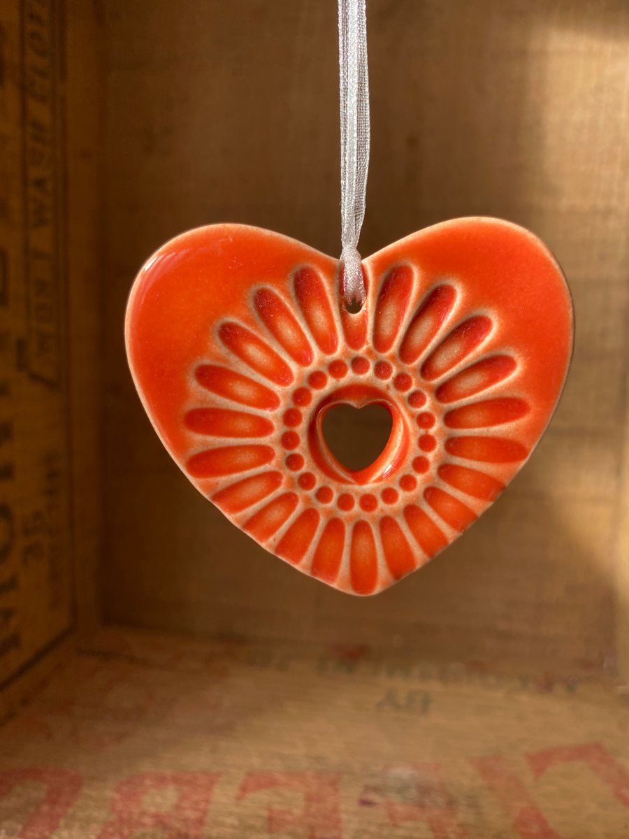 X small Pottery heart hanging decoration Orange
