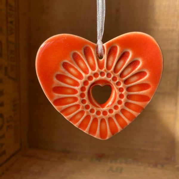 X small Pottery heart hanging decoration Orange