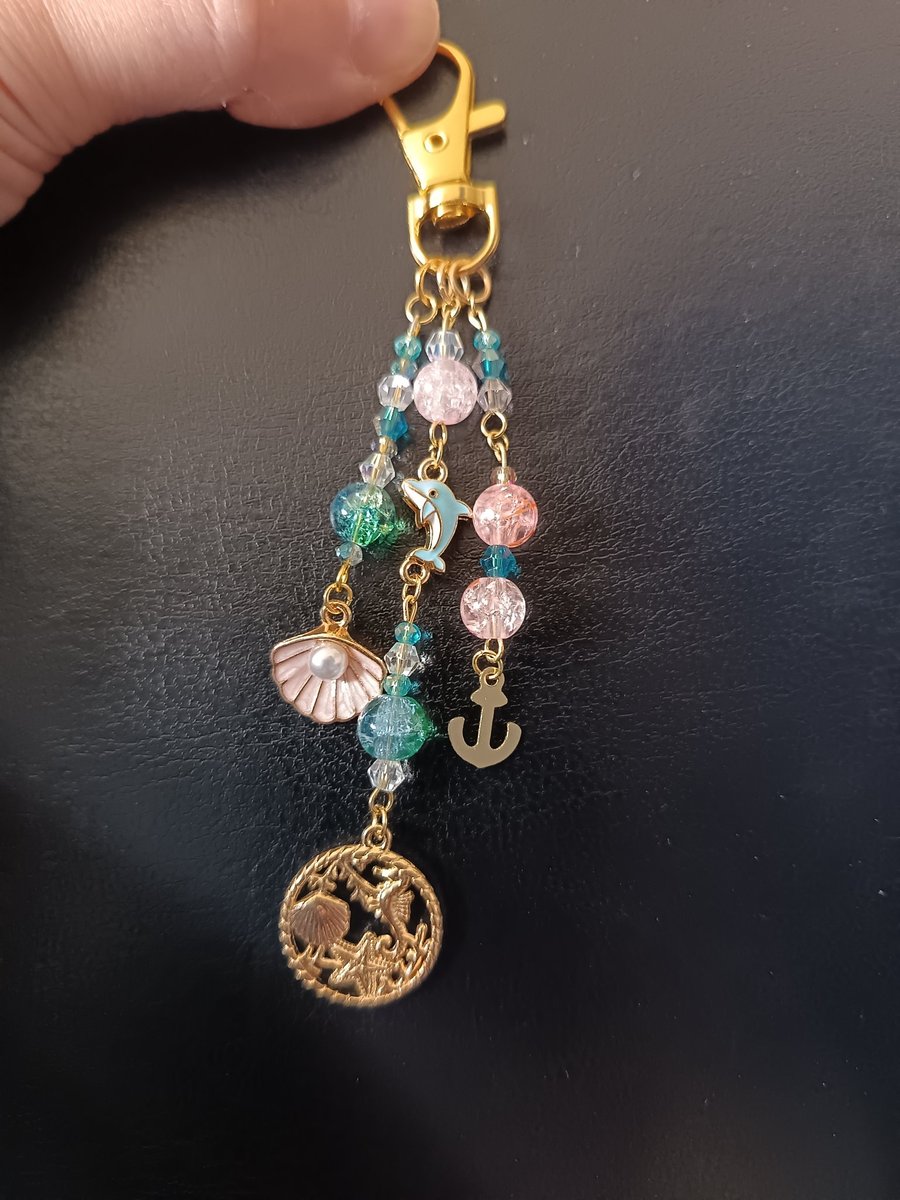 Nautical beaded bag charm with sea life, shell and anchor charms 