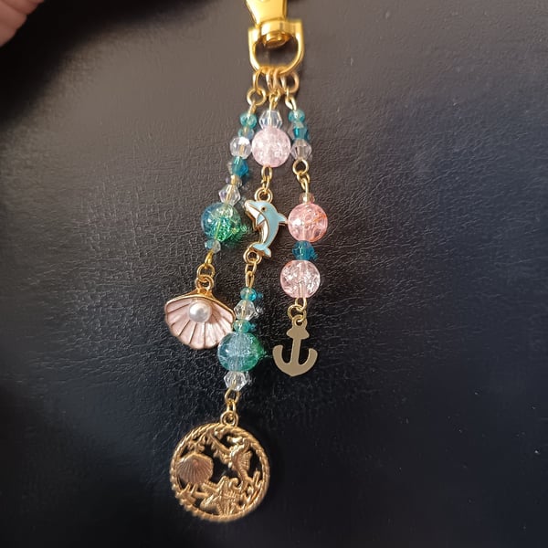 Nautical beaded bag charm with sea life, shell and anchor charms 