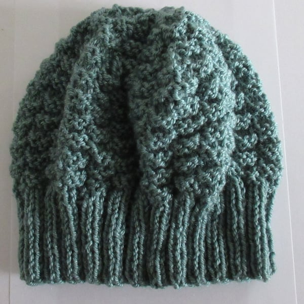 GREEN PATTERNED KNIT MENS BEANIE