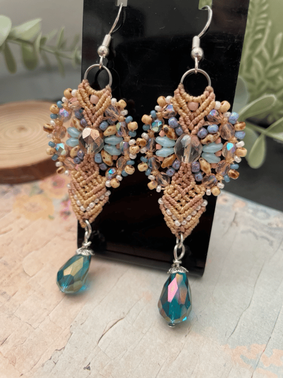 Pretty delicate micro macrame dangle beaded earrings 