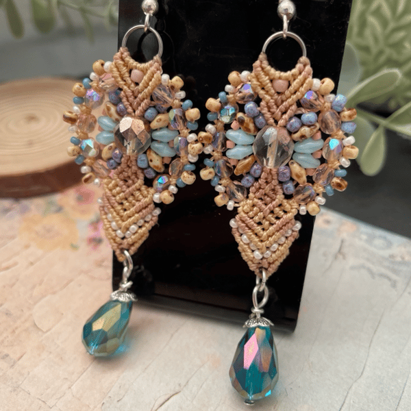 Pretty delicate micro macrame dangle beaded earrings 