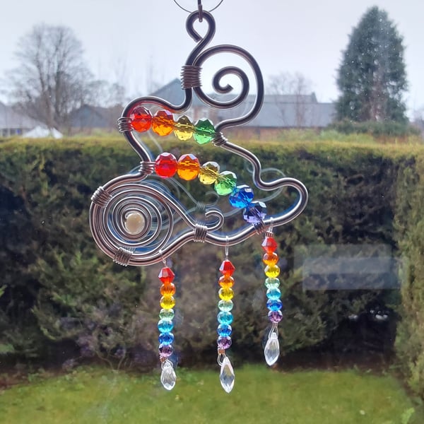 Abstract Rainbow Cloud Sun Catcher Hanging Decoration Quirky Wire Art Beaded