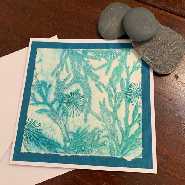 Original gelli printed seaweed greetings card