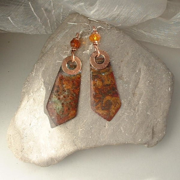 "Rustique" Enamelled Rustic Copper Earrings with Vintage Amber Beads