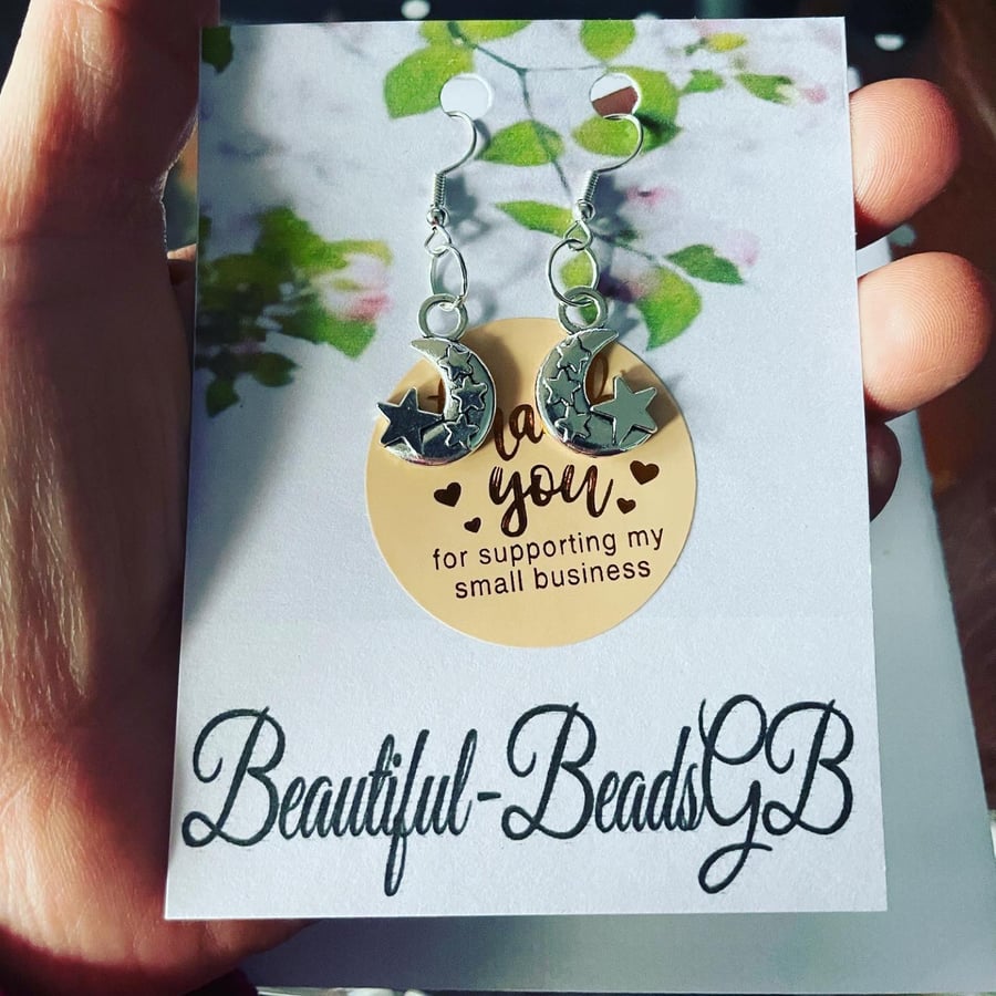 Moon and stars earrings drop earring silver tone gift 