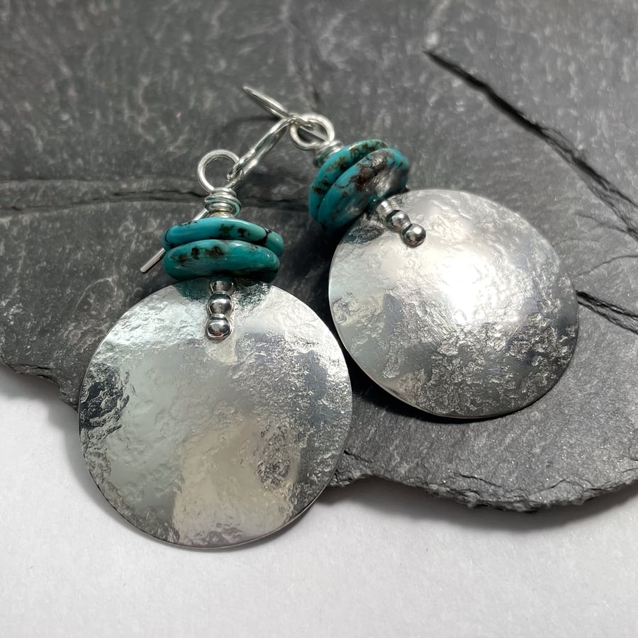 Large round silver and bright turquoise earrings 