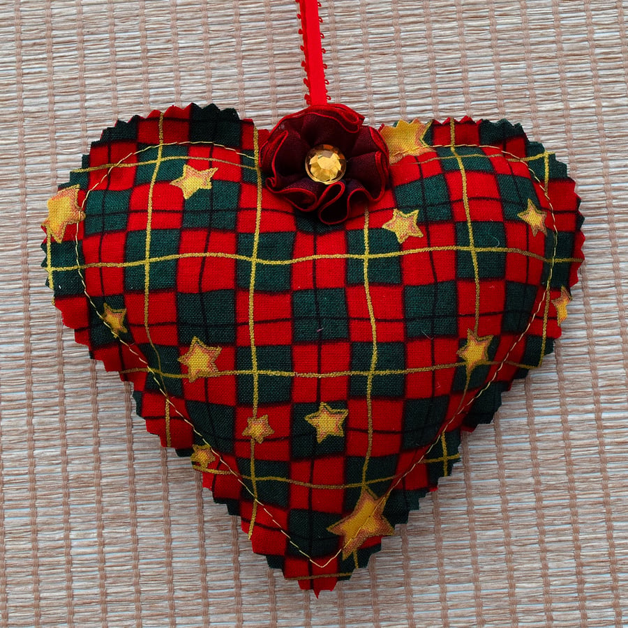 Christmas Heart Hanging Decoration In Festive Fabric