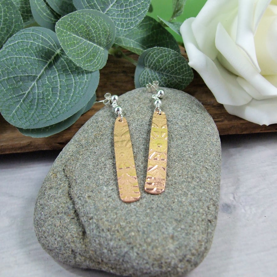 Earrings, Sterling Silver and Lace Patterned Copper 