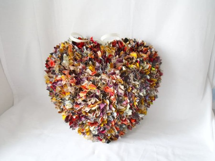 large autumnal heart rag wreath, fall hanging decoration for your wall