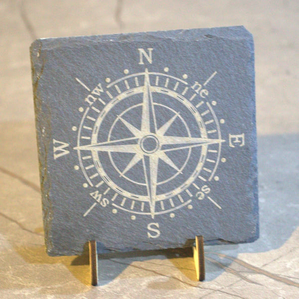 Compass Rose Laser engraved Slate Coaster