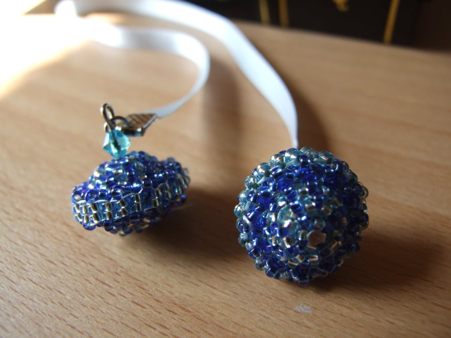 Pale & Bright Blue Saturn Beaded Bead Satin Ribbon Bookmark Thong
