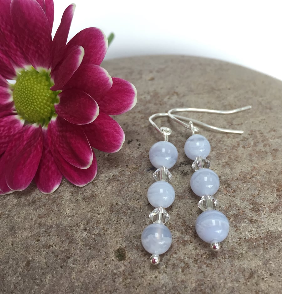 Sterling Silver Blue Lace Agate and Crystal Earrings