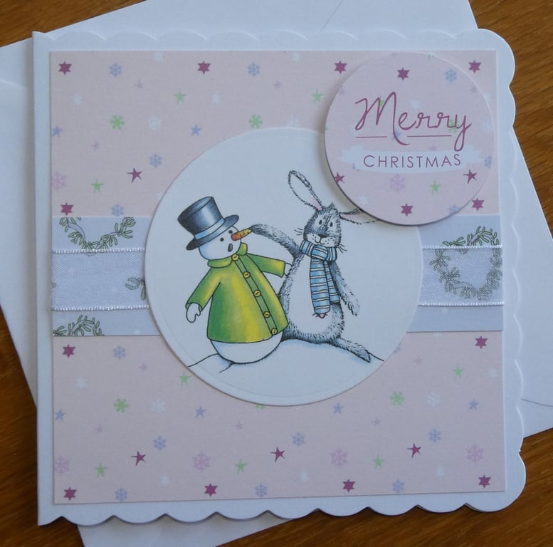 Christmas Card - Bunny With Snowman