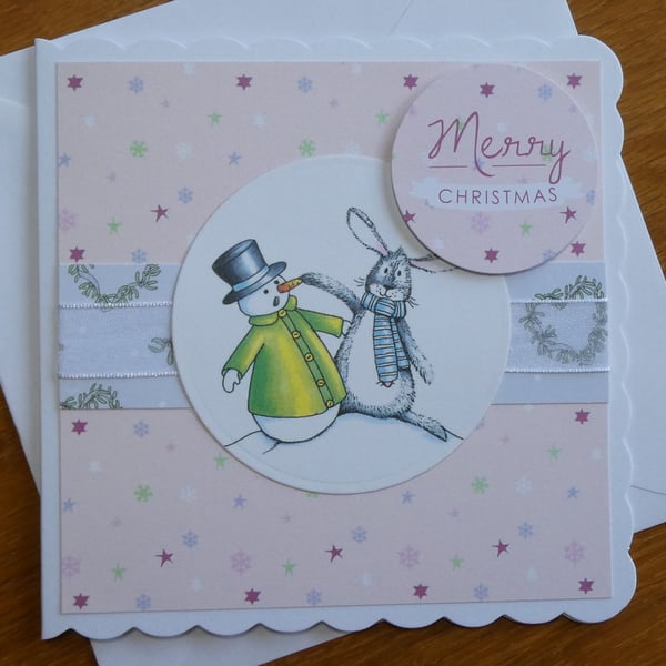 Christmas Card - Bunny With Snowman