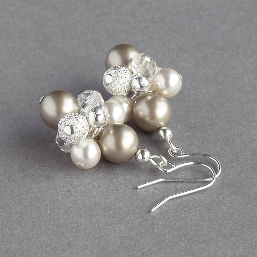 Champagne Stardust Earrings - Coffee and Ivory Pearl Cluster Earrings - Wedding