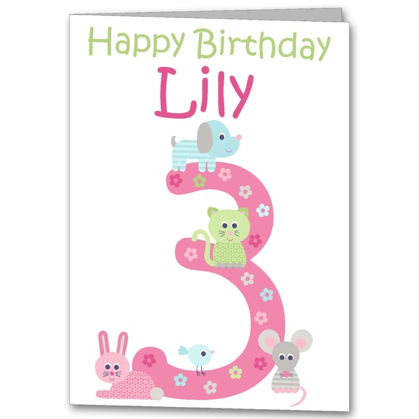 Personalised Girls Animal Birthday Card 1st, 2nd, 3rd, 4th, 5th 6th 7th