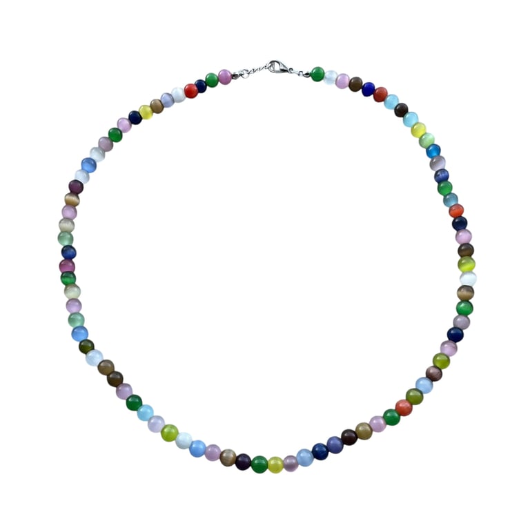 Colourful Cat's Eye Beaded Necklace: Adjustable Silver Chain