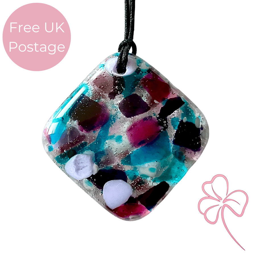 Purple and Blue Square Fused Glass Pendant Necklace 
