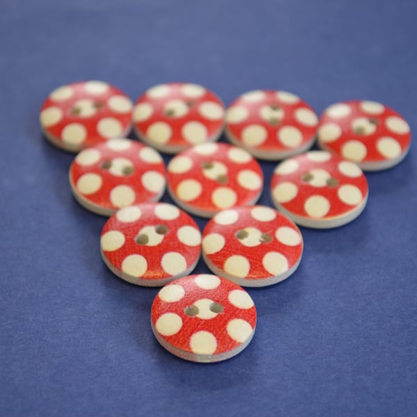 15mm Wooden Spotty Buttons Red White Large Dots 10pk Spot Dot (SSP5)