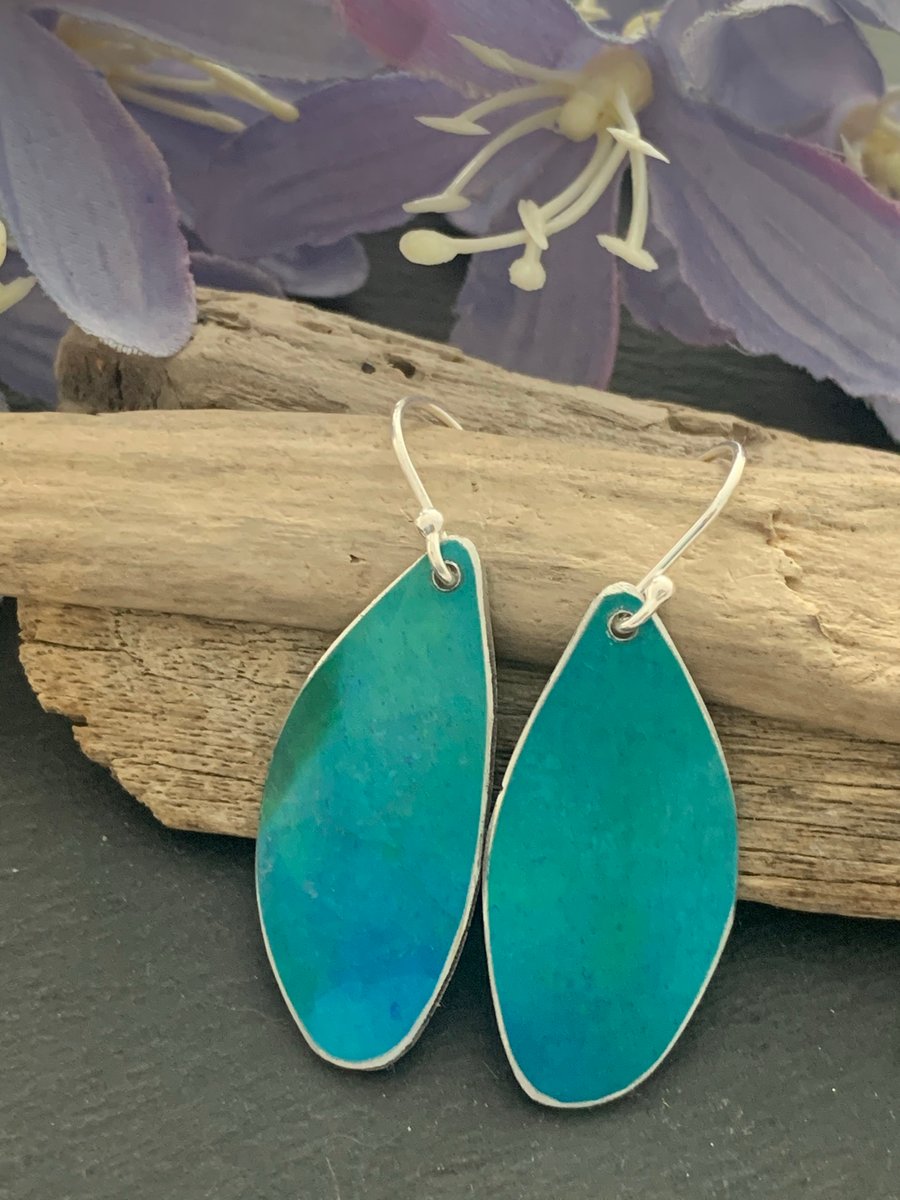 Printed Aluminium and sterling silver earrings -Turquoise and green