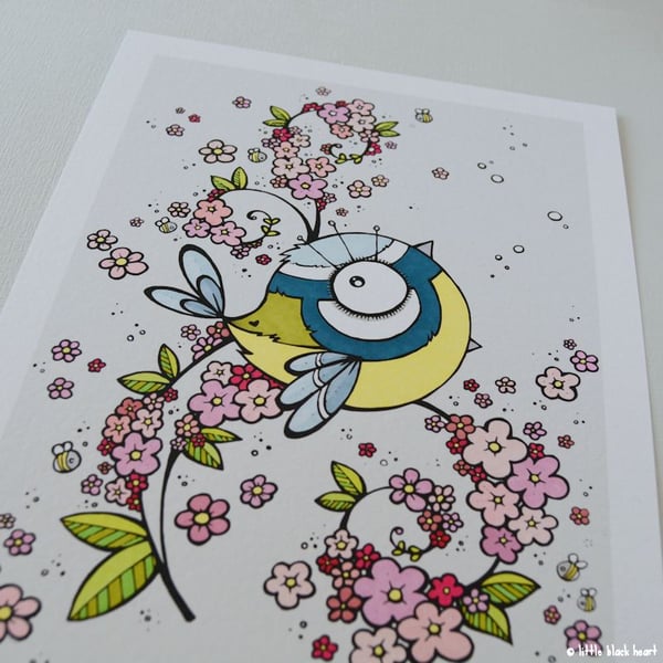 bluetit in the cherry blossom - hand coloured A4 print