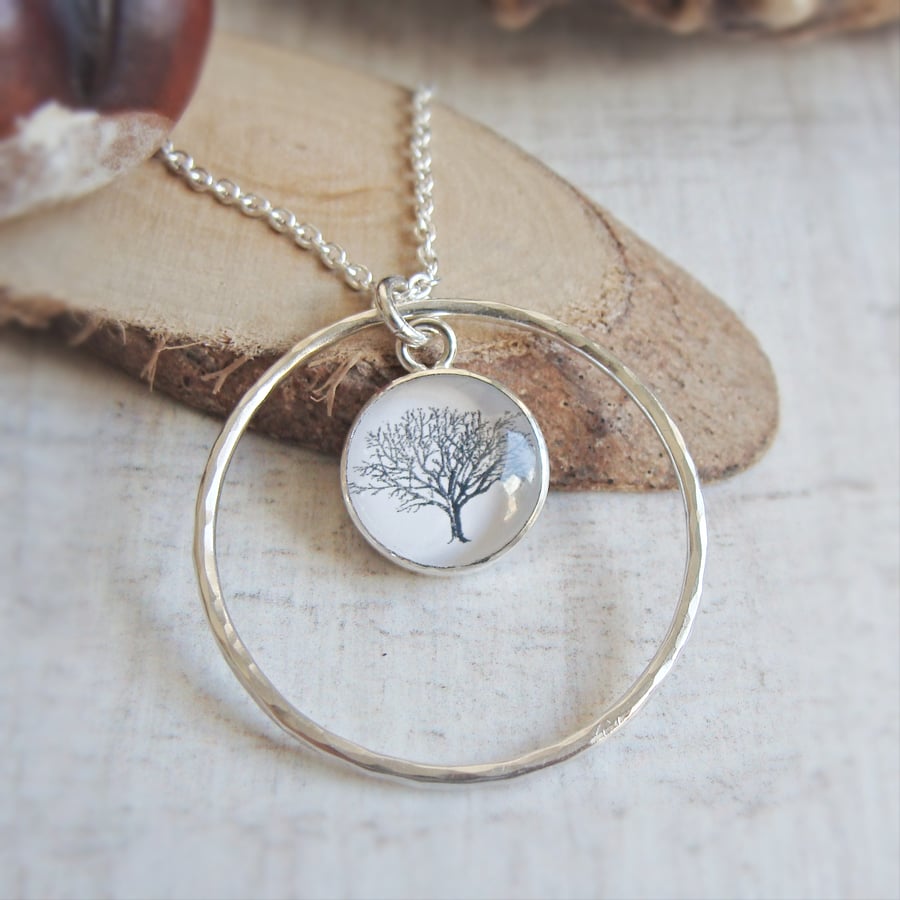Silver Mighty Oak Tree of Life Illustration Charm Circle Pendant Necklace