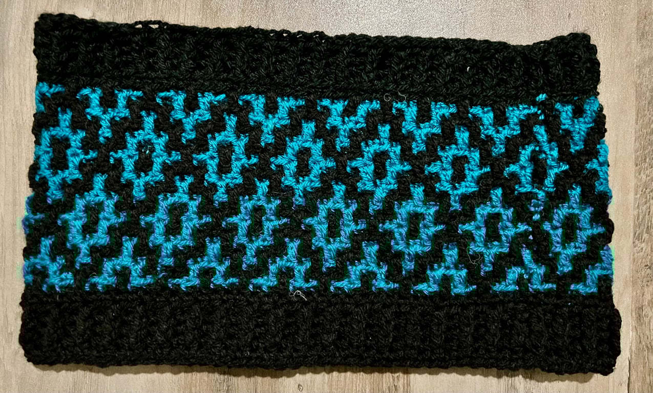 Handmade Mosaic Crochet Cowl – Kingfisher Blue & Black Neck Warmer