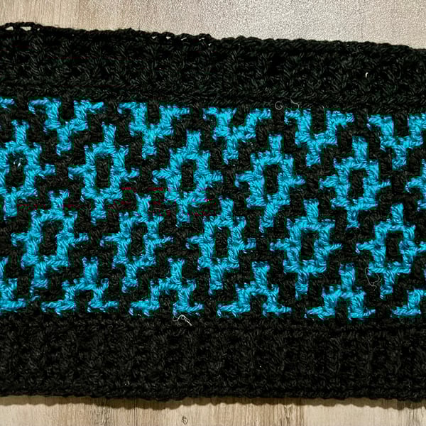 Handmade Mosaic Crochet Cowl – Kingfisher Blue & Black Neck Warmer