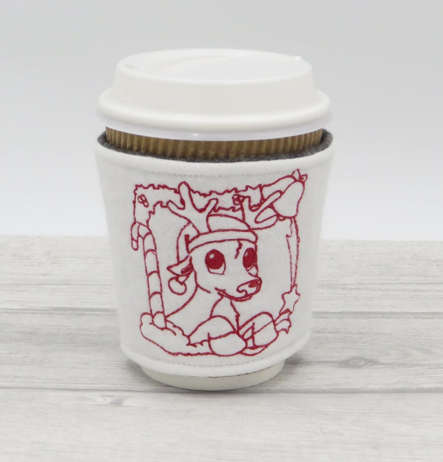 Cup Cosy Sleeve with Machine Embroidered Christmas Design, Stocking Filler