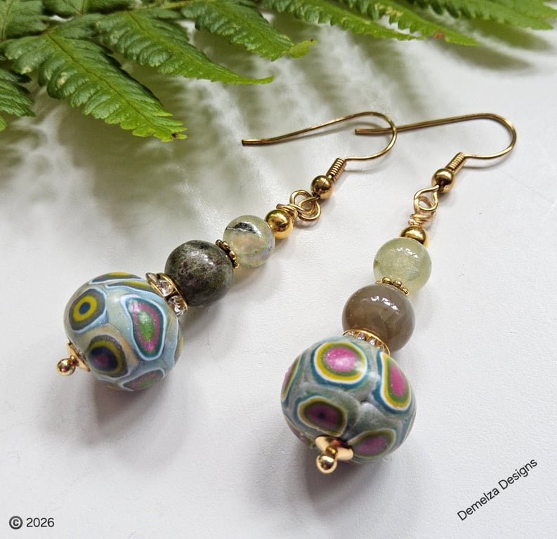 Polymer Clay Beads, Jade & Prehnite Earrings
