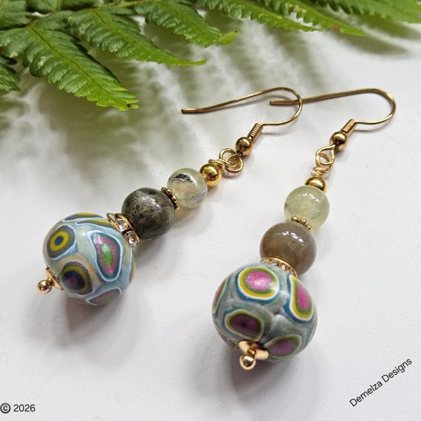 Polymer Clay Beads, Jade & Prehnite Earrings