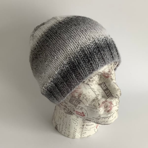 BEANIE HAT .'The Crofter'  Unisex .Wool  blend. Knitted. Grey, white.. 