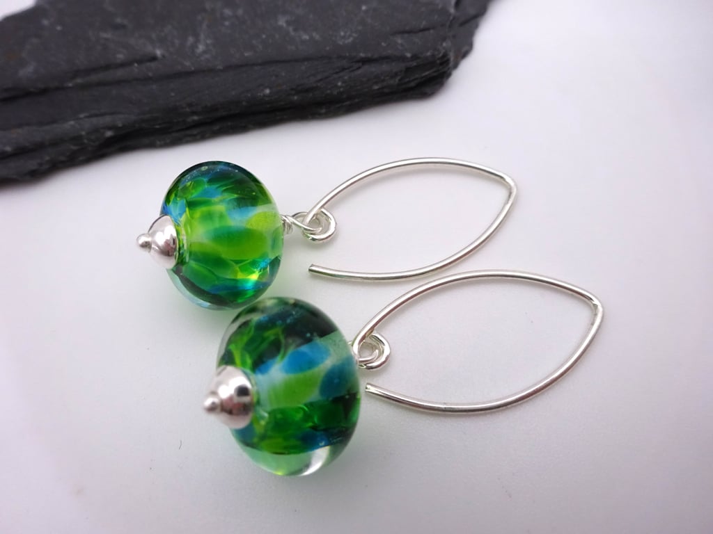 green lampwork glass earrings