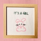 Baby girl gift, picture of a cute pink bunny rabbit and it’s a girl, embroidered