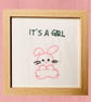 Baby girl gift, picture of a cute pink bunny rabbit and it’s a girl, embroidered