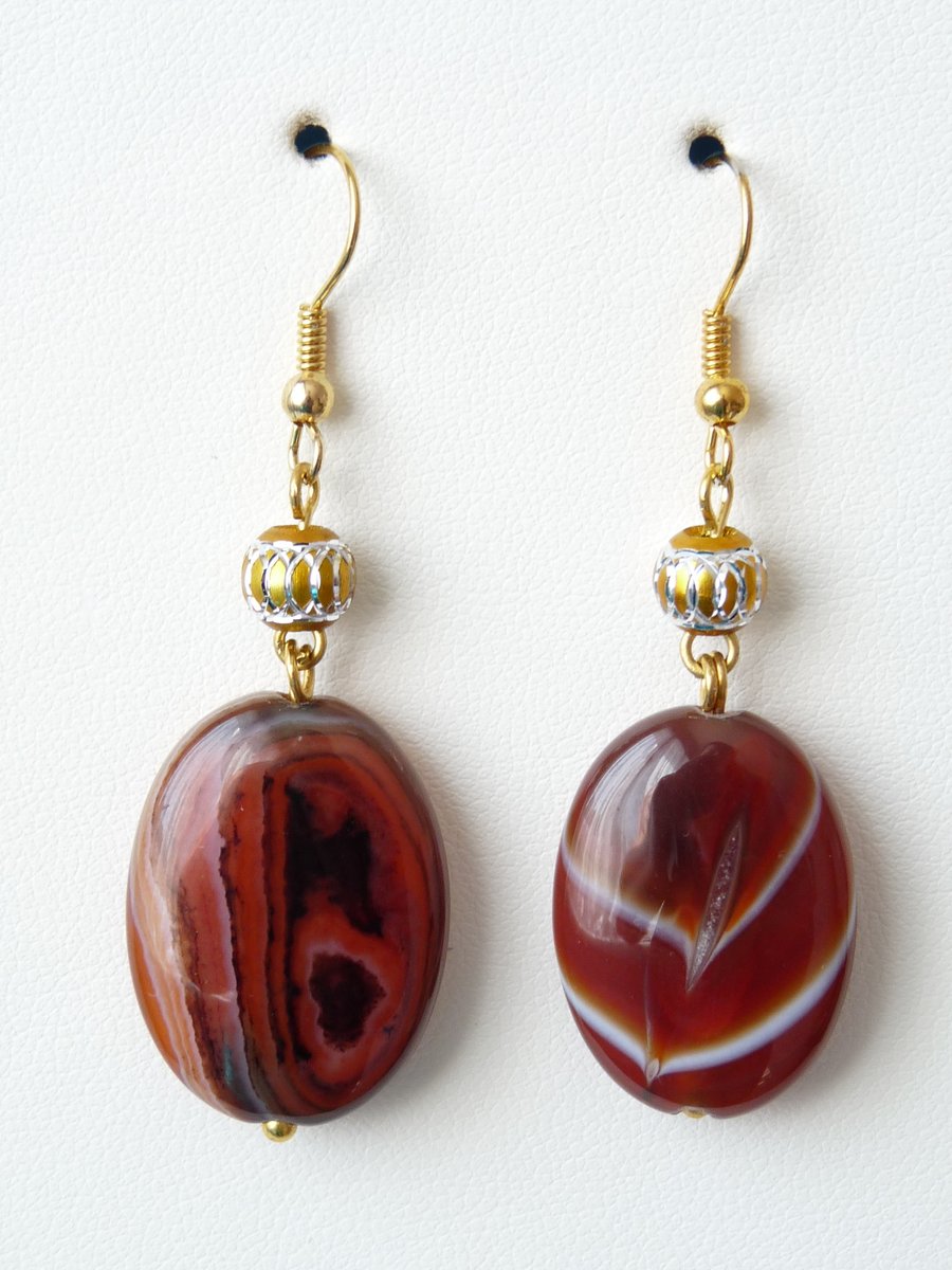 Red Striped Agate Earrings - Handmade - Genuine Gemstone
