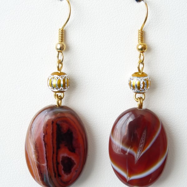 Red Striped Agate Earrings - Handmade - Genuine Gemstone