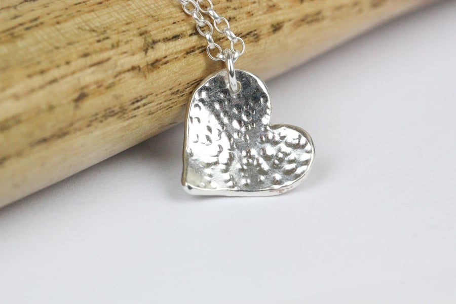 Hammered textured sterling silver heart necklace