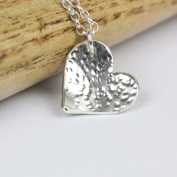 Hammered textured sterling silver heart necklace