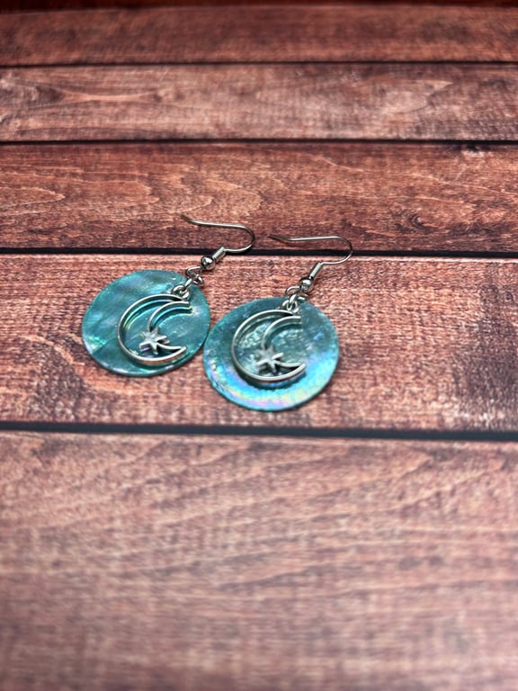 Moon and Star Earrings – Iridescent Turquoise Shell with Silver Accents