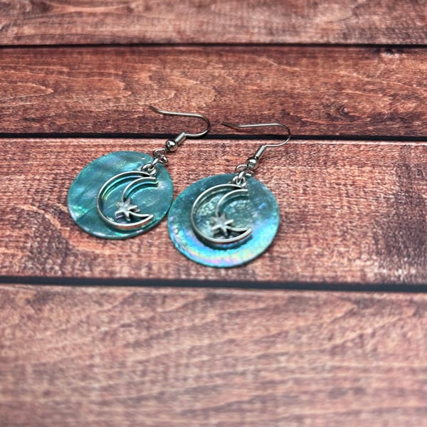 Moon and Star Earrings – Iridescent Turquoise Shell with Silver Accents
