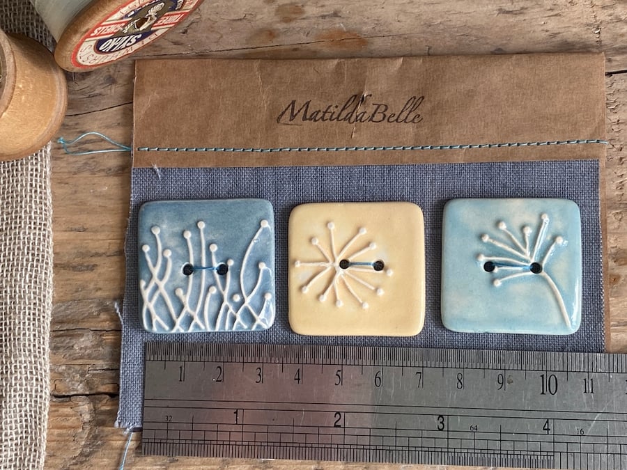 Handmade Pottery Botanical Square Buttons set of 3