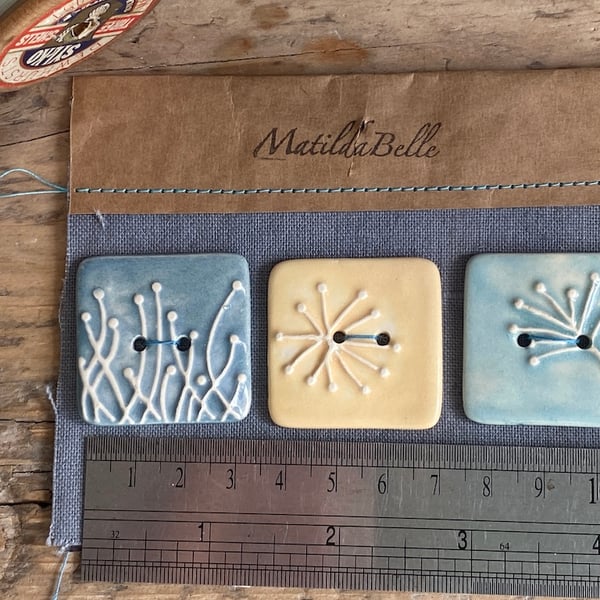 Handmade Pottery Botanical Square Buttons set of 3