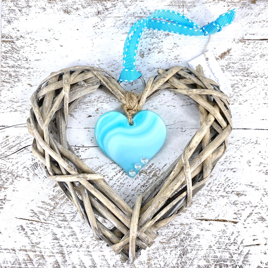 Fused Glass & Wicker Hanging Heart -  Turquoise