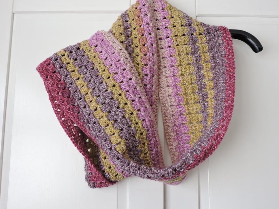 SALE Infinity Scarf Pale Pink, Green, Raspberry and Mauve, Crochet