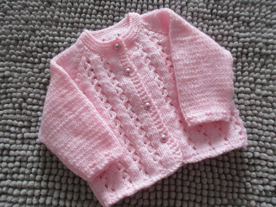 14" Newborn Round Neck Lacey Striped Cardigan (Baby Pink)