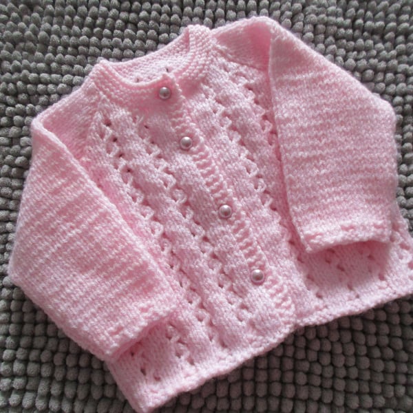 14" Newborn Round Neck Lacey Striped Cardigan (Baby Pink)