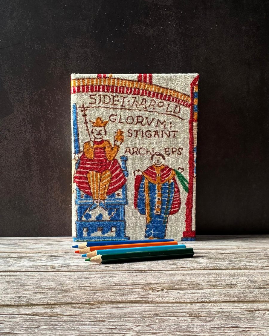 Bayeux Tapestry Handstitched A6 1950s Fabric Journal Notebook Harold Rex Yellow